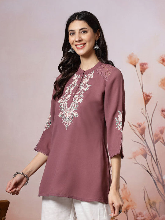 Women Solid Embroidered Straight Crepe Tunic