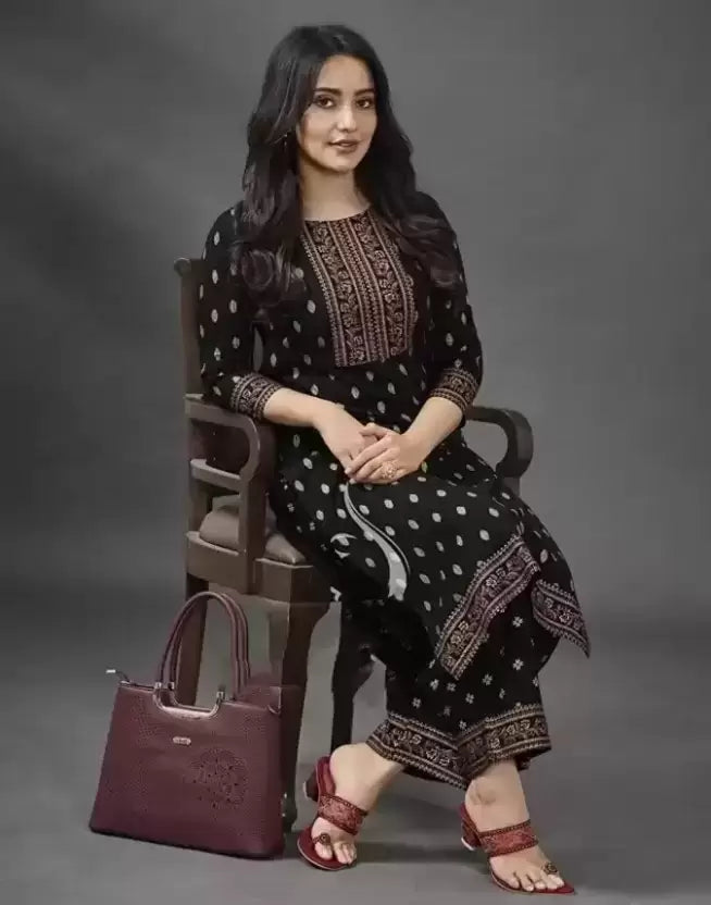 Women Black Printed Viscose Rayon Kurta set
