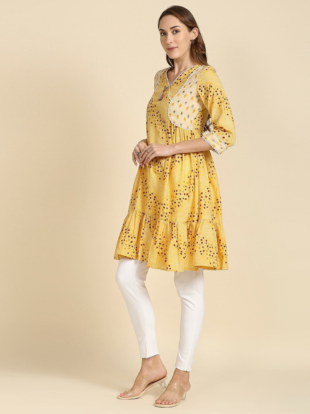 Women Yellow Ethnic Motifs Printed Gotta Patti Kurta