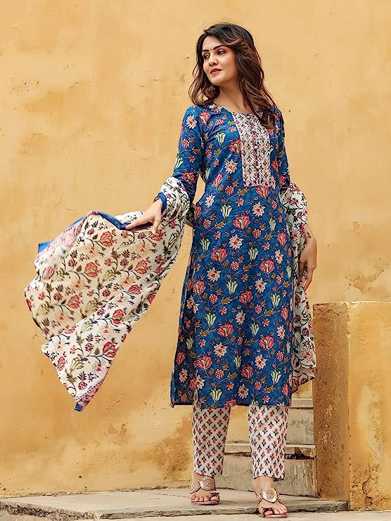 Women's Cotton Blend Floral Printed Straight Kurta Pant with Dupatta
