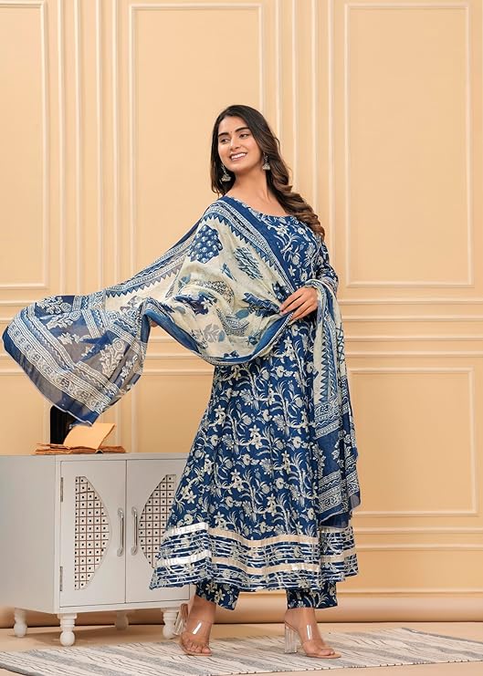 Women's Cotton Printed Anarkali Kurta With Palazzo & Dupatta Set
