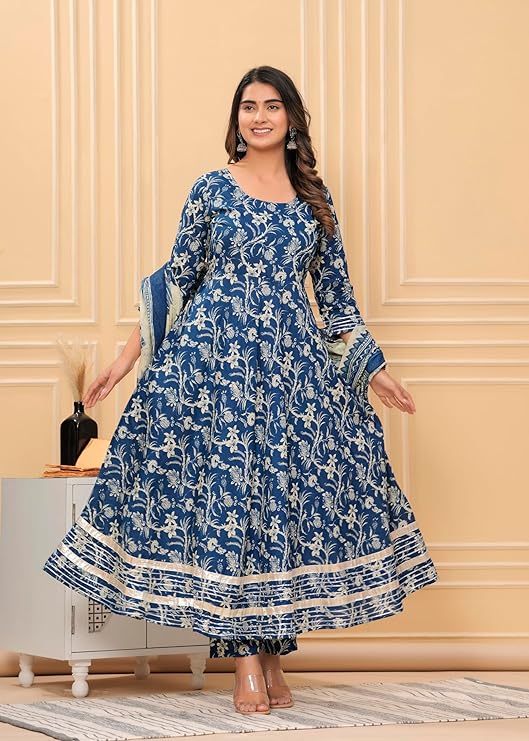 Women's Cotton Printed Anarkali Kurta With Palazzo & Dupatta Set