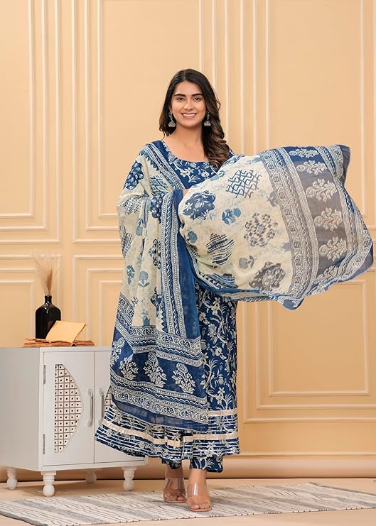 Women's Cotton Printed Anarkali Kurta With Palazzo & Dupatta Set