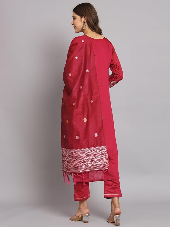 Women's Cotton Silk Embroidered Kurta with Pant & Dupatta Set
