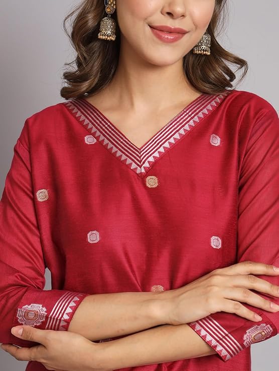 Women's Cotton Silk Embroidered Kurta with Pant & Dupatta Set