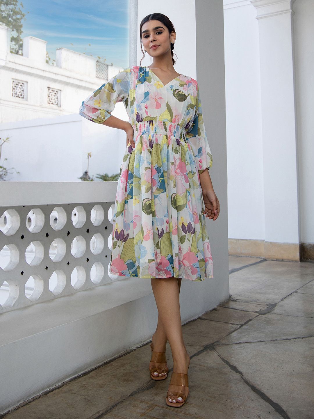 Women's Multicolour Georgette Floral Fit & Flare Dress