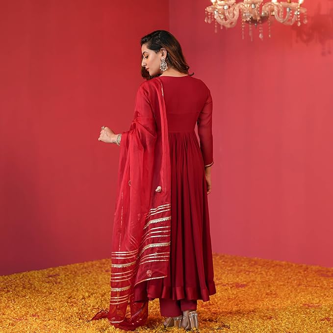 Women's Rayon Blend Anarkali Solid Kurta with Pant & Dupatta