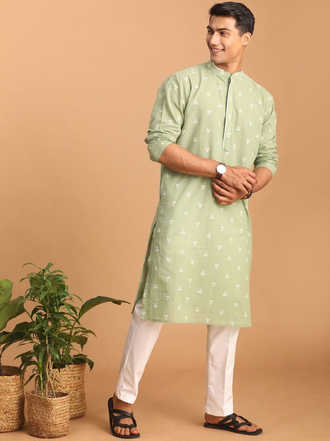 Woven Design Band Collar Pure Cotton Sustainable Kurta With Pyjamas