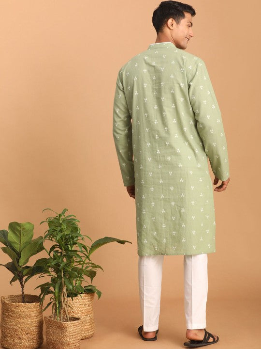Woven Design Band Collar Pure Cotton Sustainable Kurta With Pyjamas
