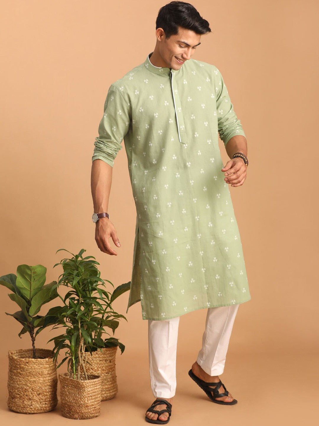 Woven Design Band Collar Pure Cotton Sustainable Kurta With Pyjamas
