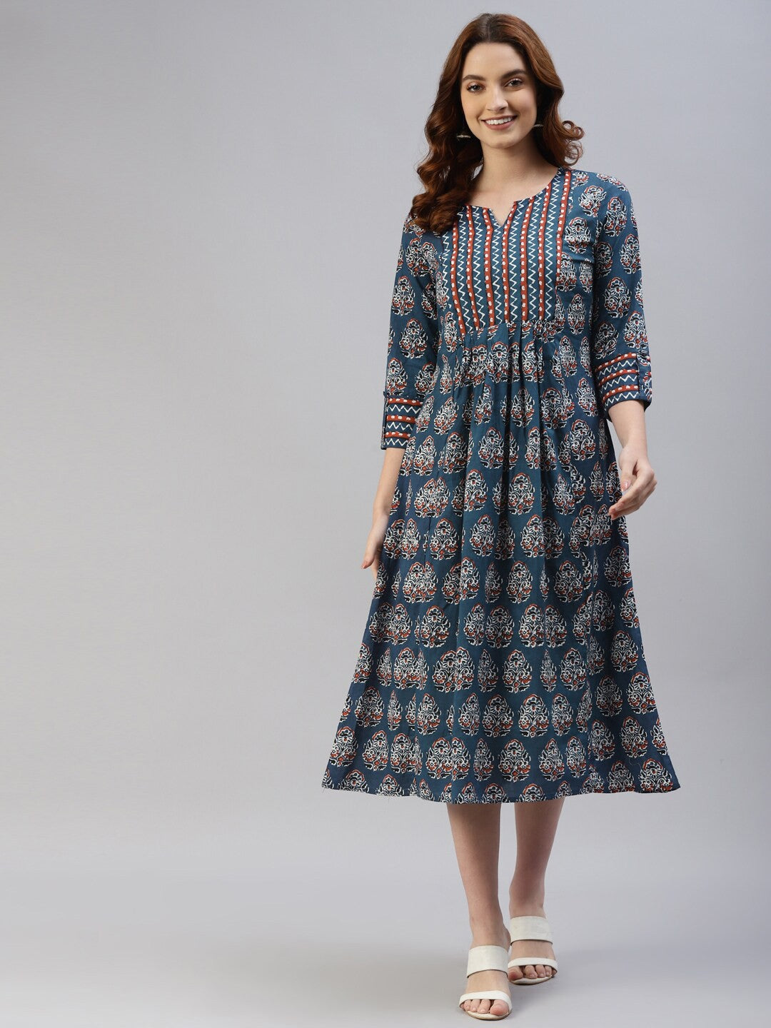 Blue Ethnic Motifs Ethnic A-Line Midi Dress