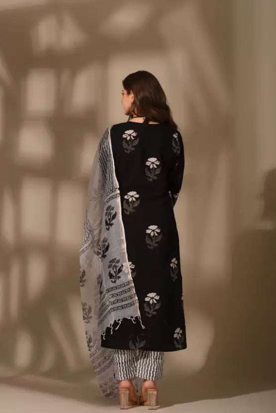 Women Black Printed Kurta, Trouser/Pant & Dupatta Set
