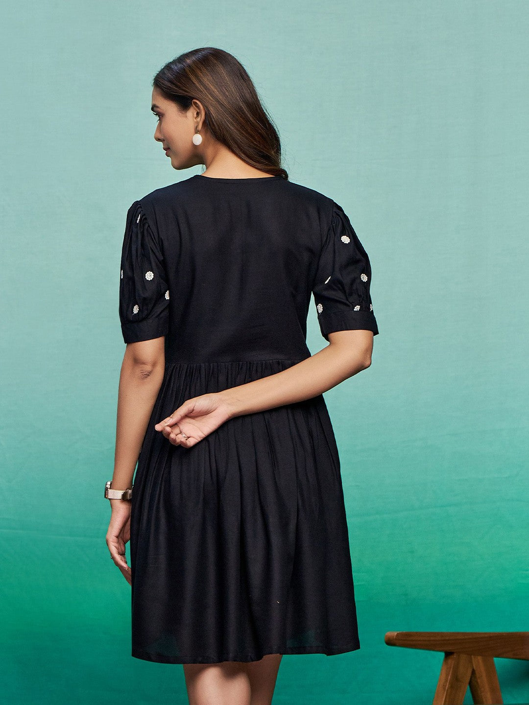 Embroidered Black Fit & Flare Dress