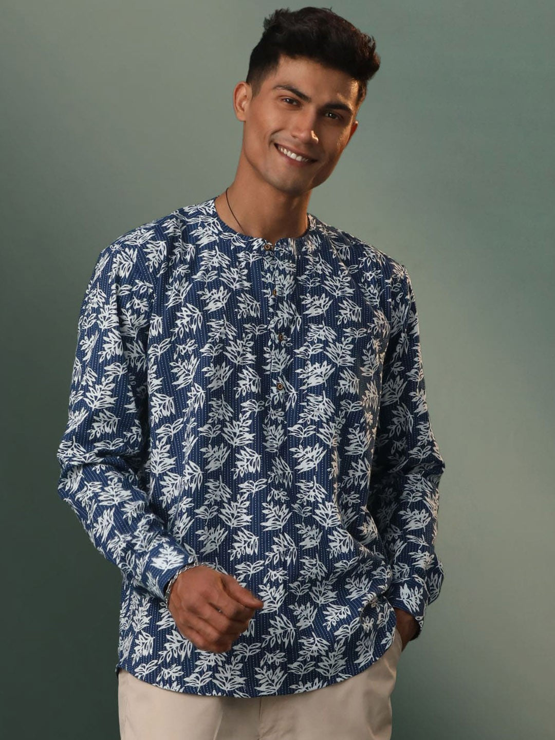 Kantha Work Printed Band Collar Straight Short Kurta