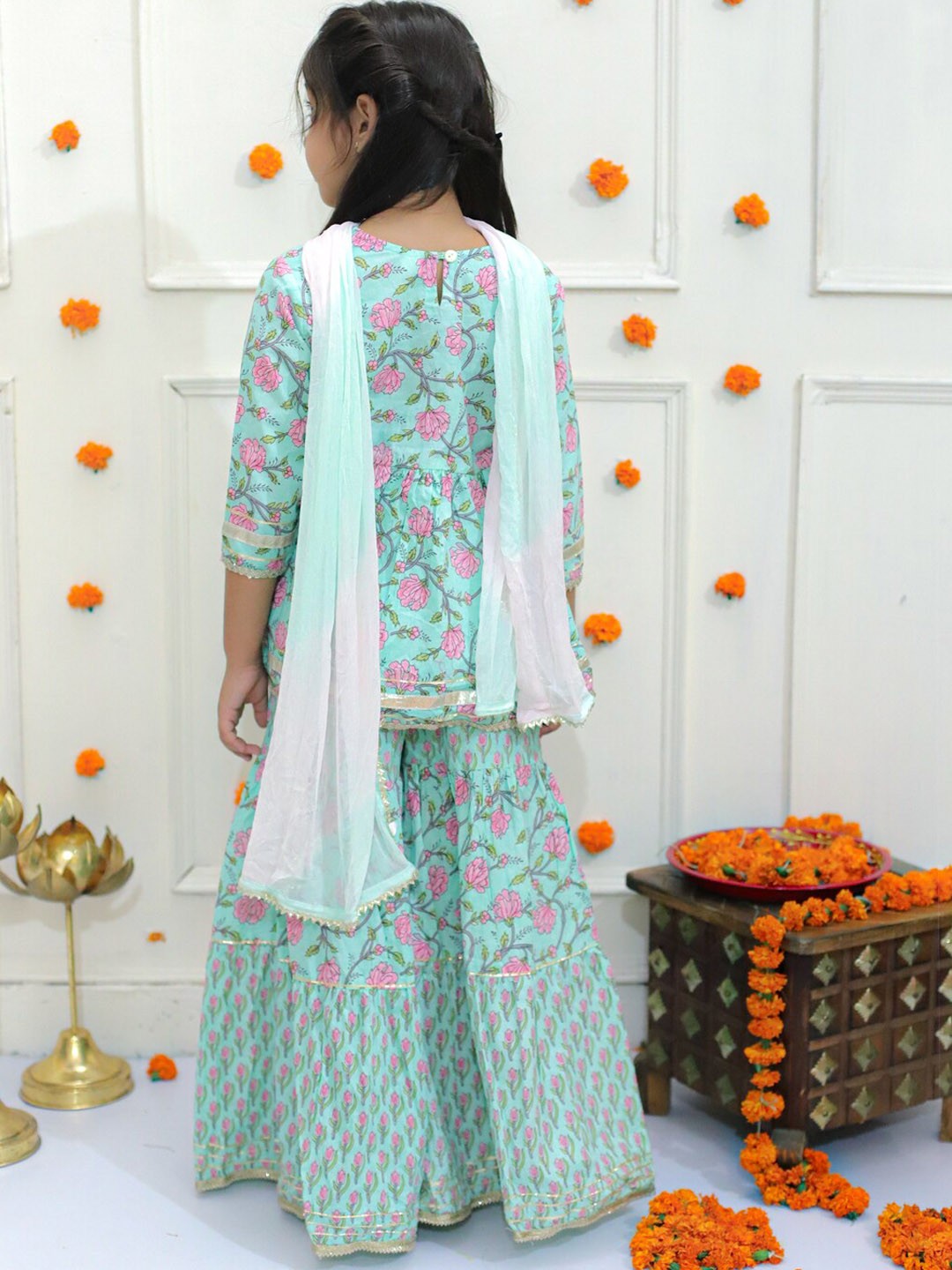 Girls Ethnic Motifs Printed Pure Cotton A-Line Kurti with Sharara & With Dupatta