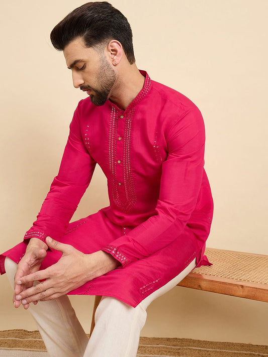 Men Motifs Embroidered Sequinned Mandarin Collar Straight Kurta