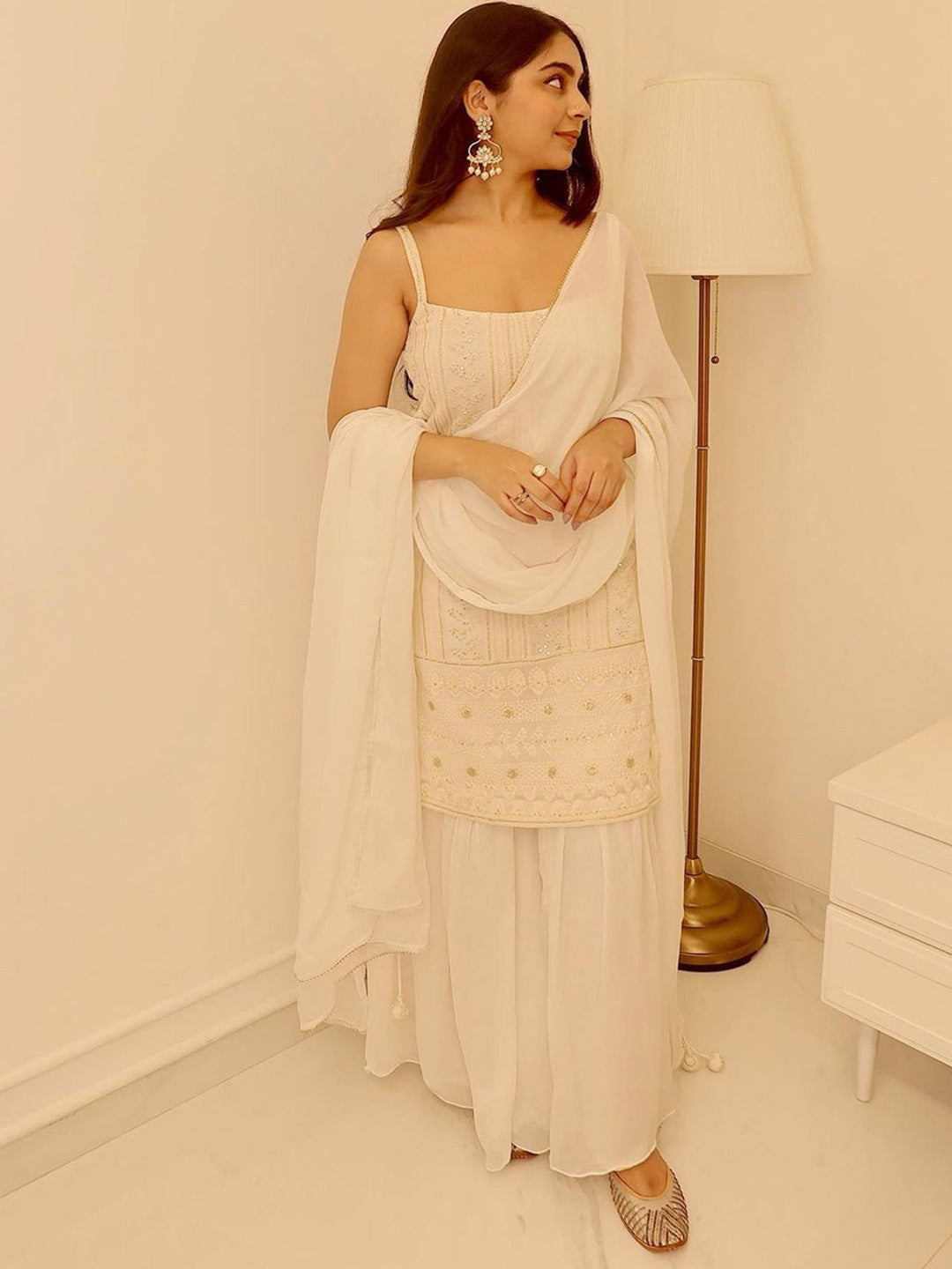 Ethnic Motifs Embroidered Sequined Kurta & Sharara With Dupatta