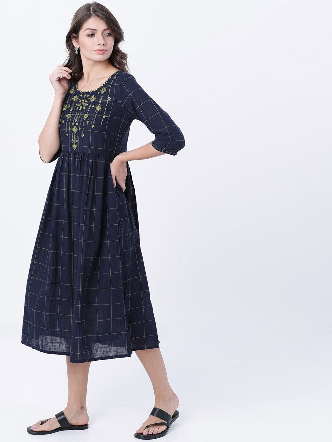 Women Navy Blue Checked Empire Dress