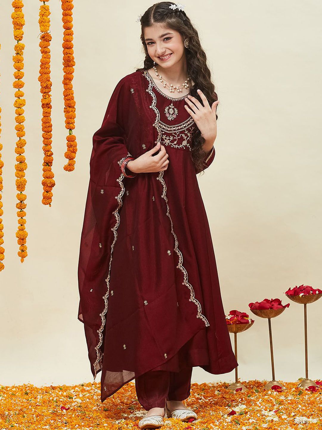 Girls Silk Embroidered Anarkali Kurta and Pant Set with Dupatta