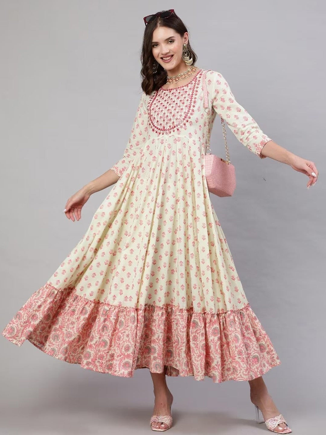 Floral Motifs Printed Mirror Work Anarkali Kurta