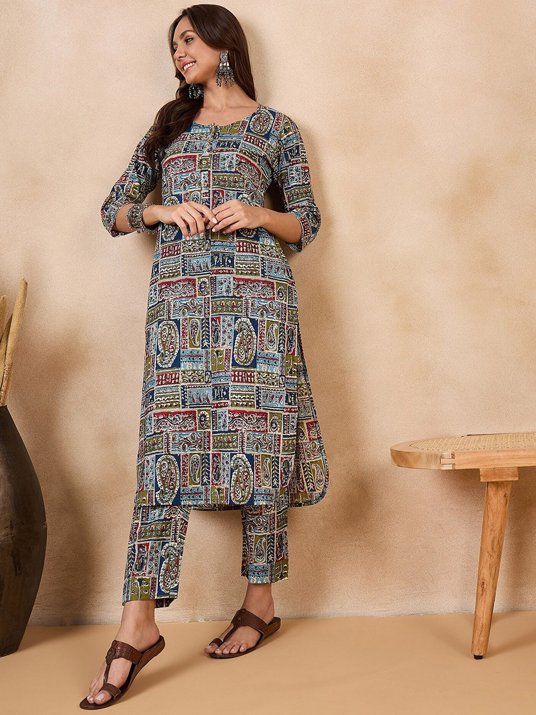 Ethnic Motifs Printed Pure Cotton Straight Kurta With Trousers