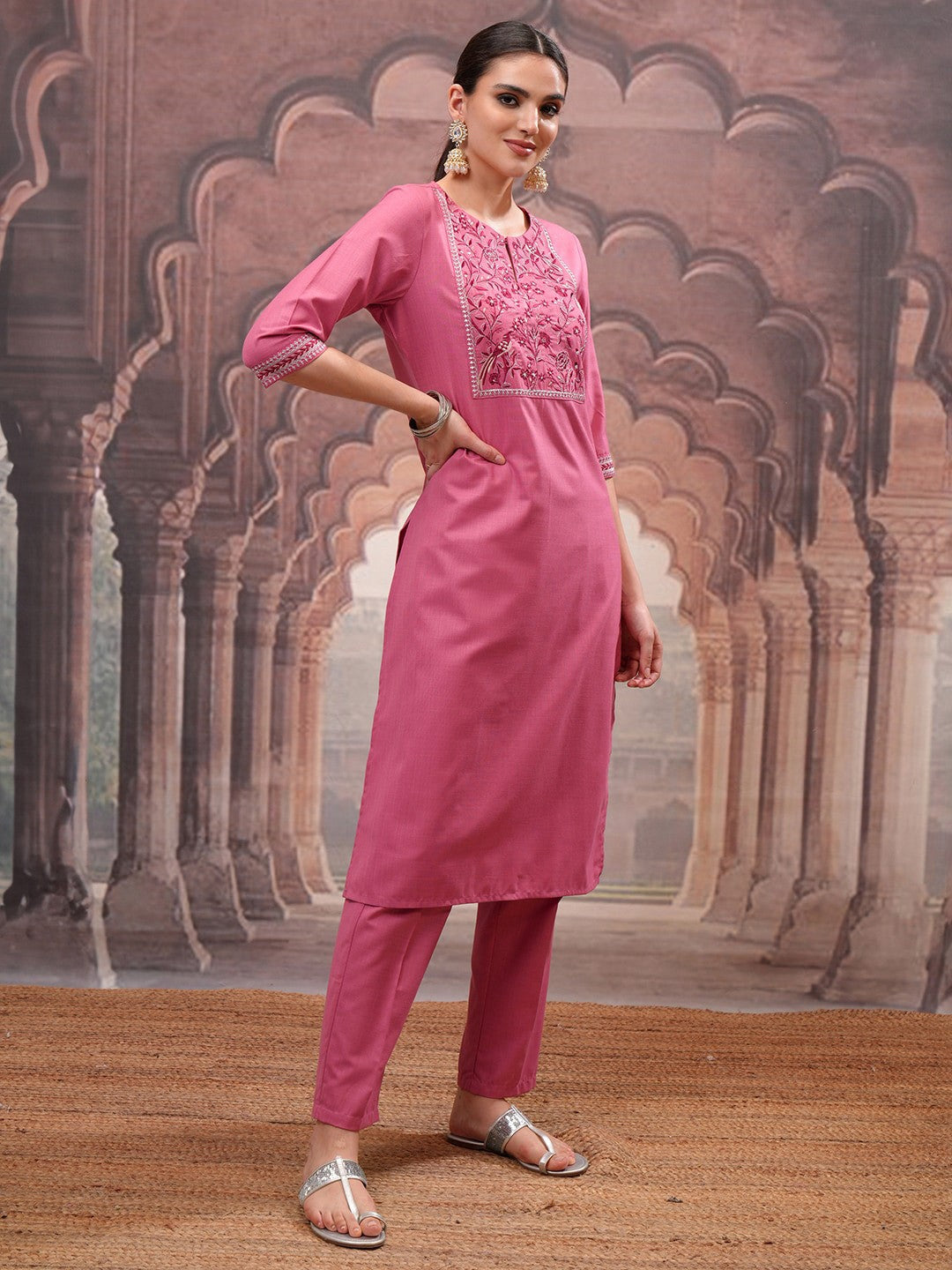 Rose Embroidered Straight Kurta with Trouser & Dupatta
