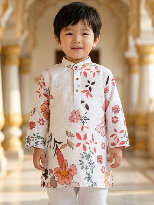 Boys Ethnic Motifs Embroidered Regular Chikankari Pure Cotton Kurta with Pyjamas