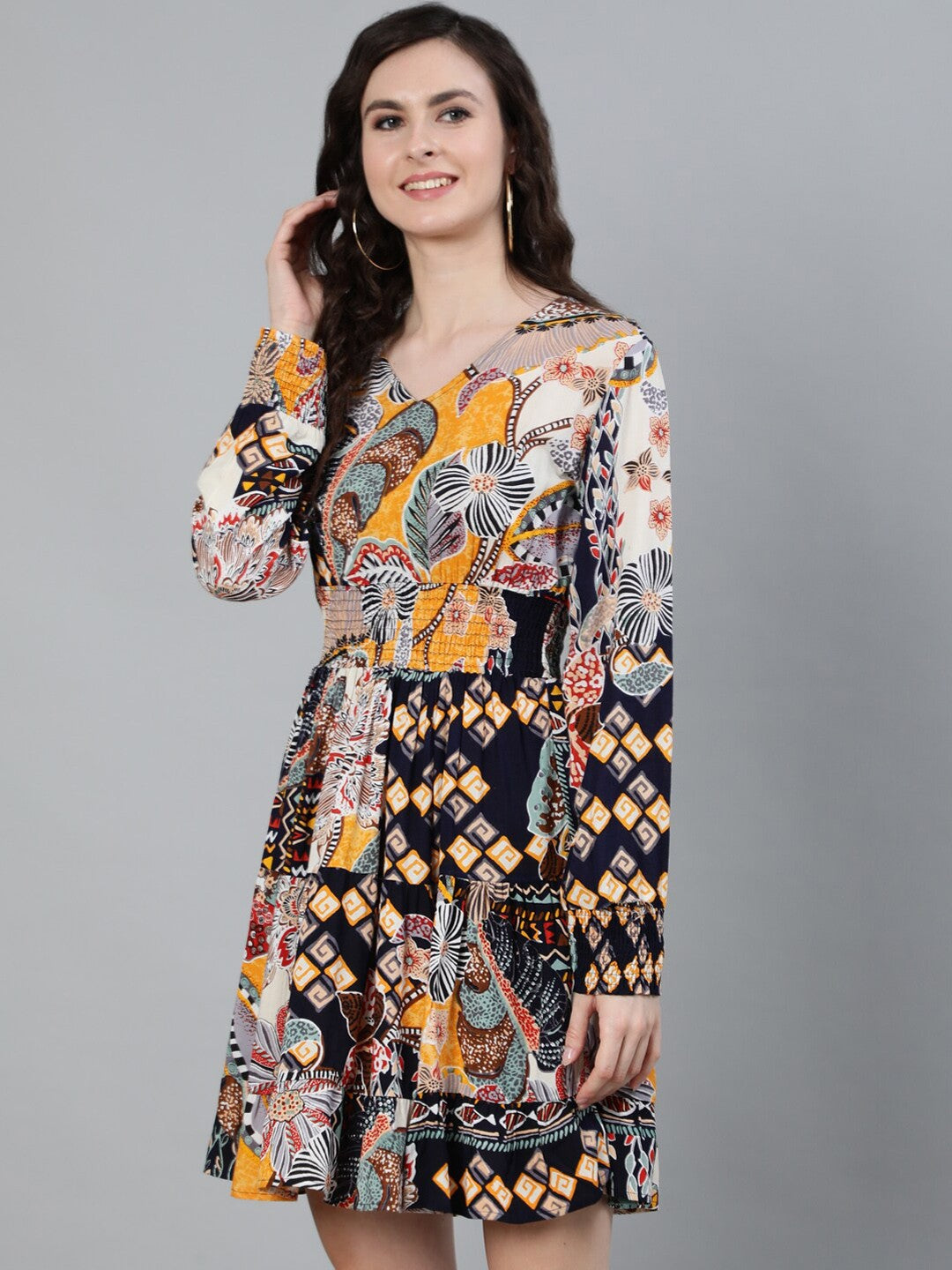 Multicoloured Tropical Print Fit and Flare Dress