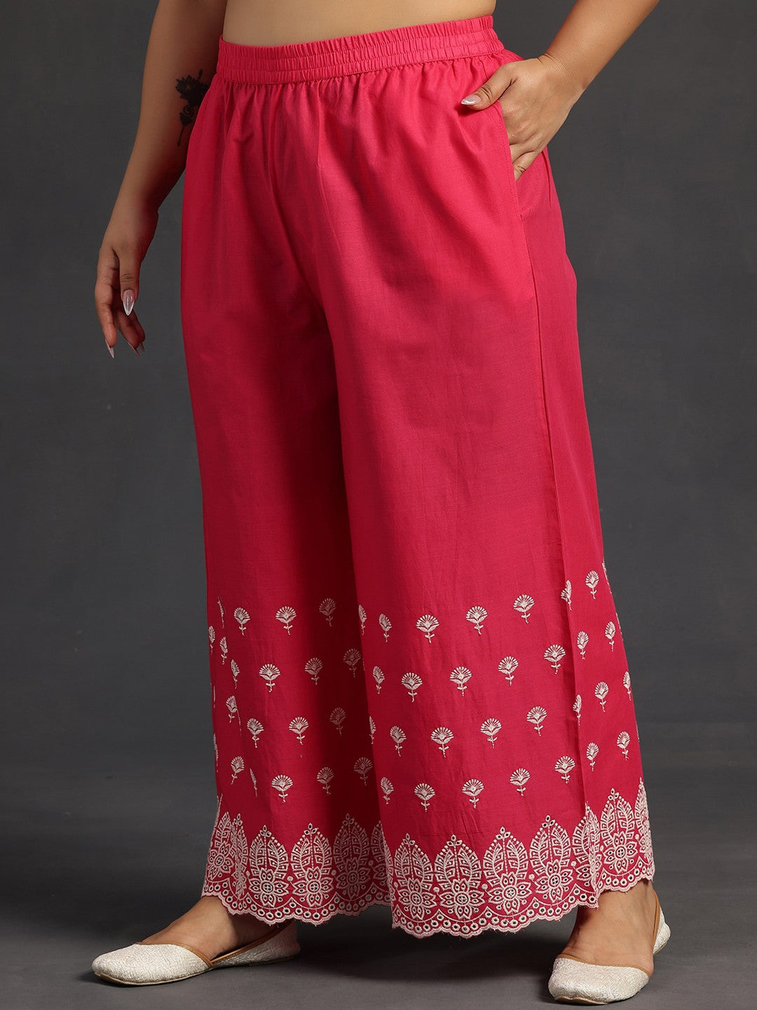 Plus Size Floral Embroidered Pure Cotton Straight Kurta With Palazzo