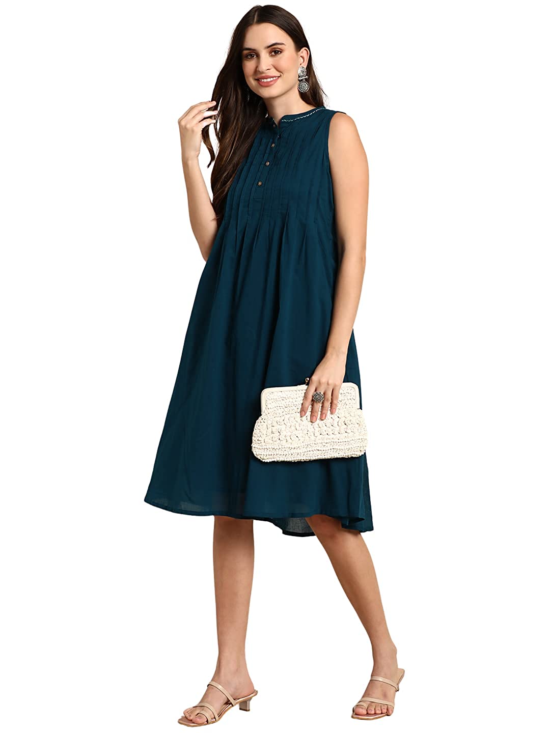 Teal Solid A-Line Midi Dress