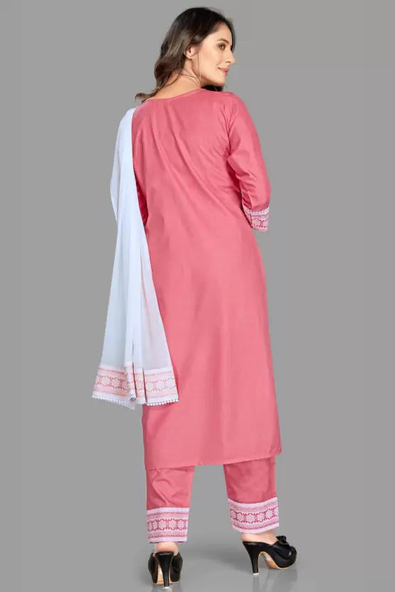 Women Pink Cotton Blend Kurta, Pant And Dupatta Set