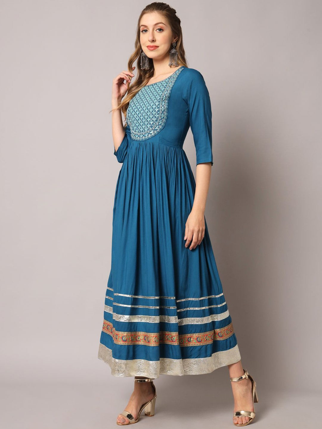 Floral Embroidered Gathered or Pleated Mirror Work Pleated Anarkali Ethnic Dress