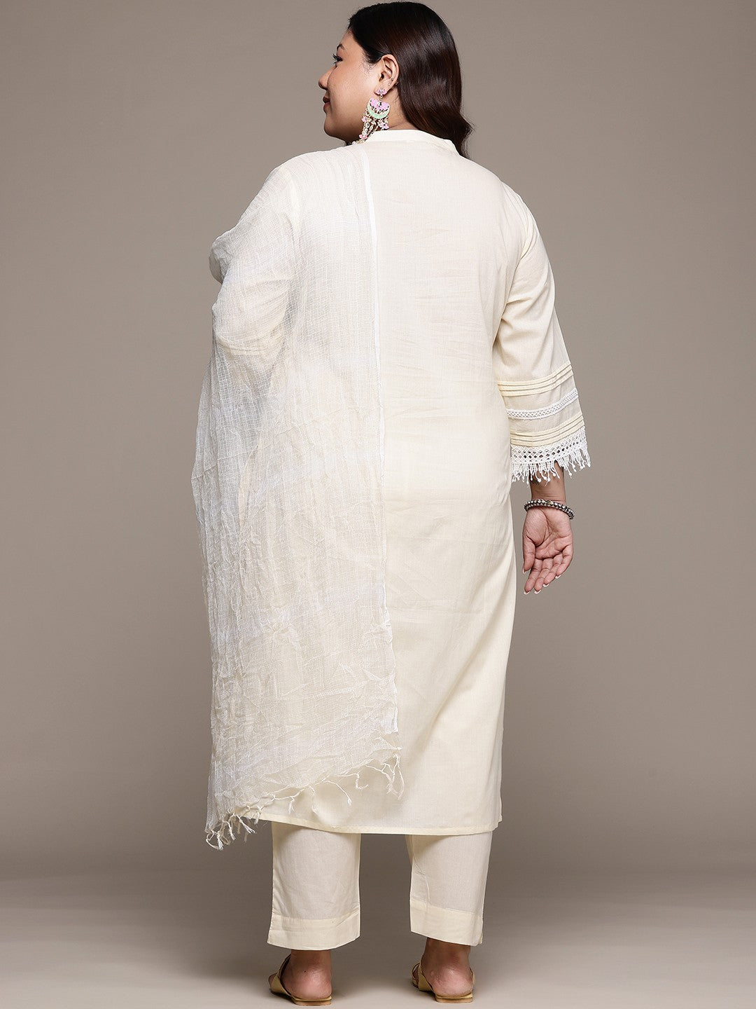 Plus Size Panelled Beads & Stones Pure Cotton Kurta Set