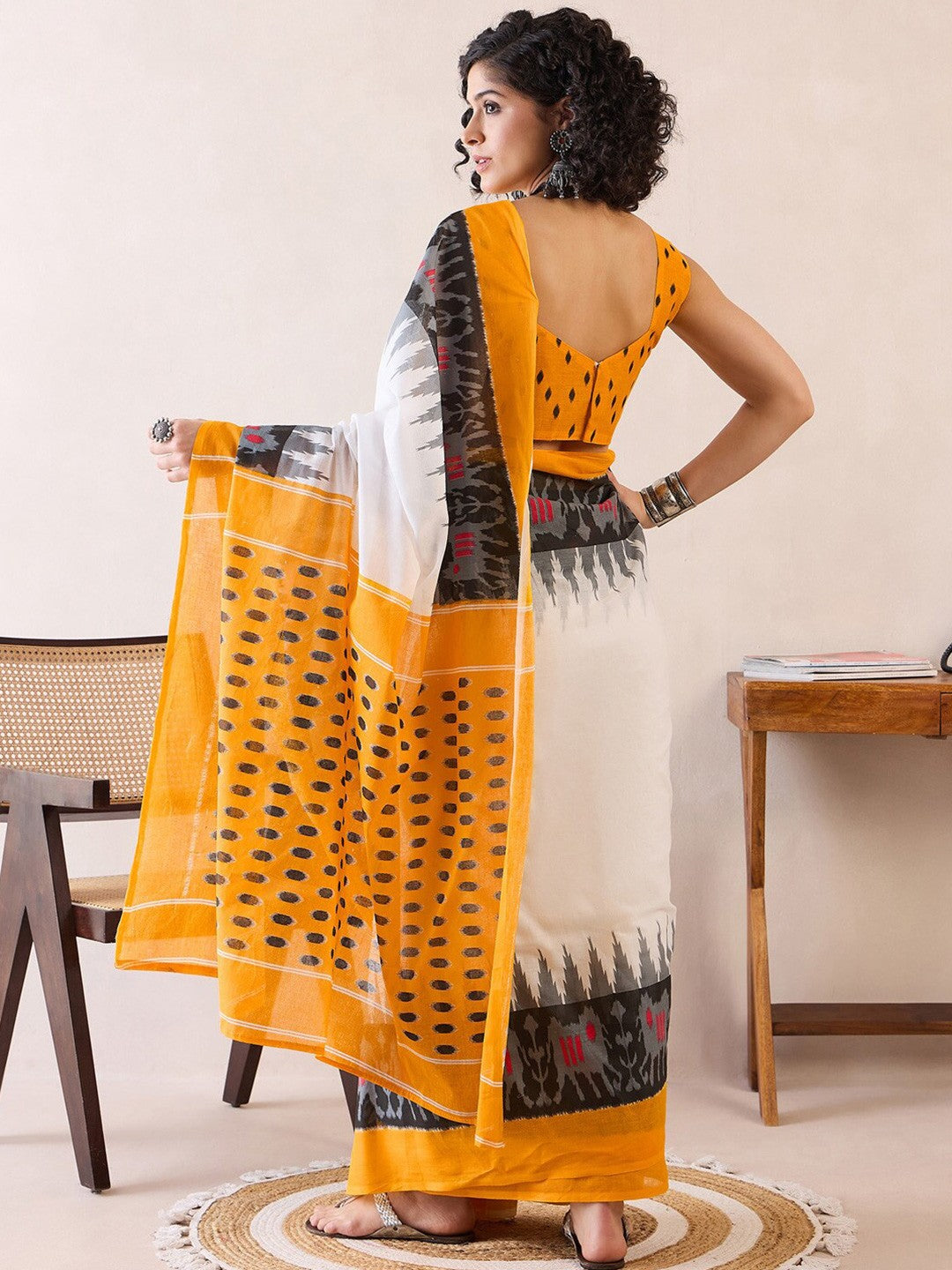 Ethnic Motifs Poly Cotton Ready To Wear Ikat Saree