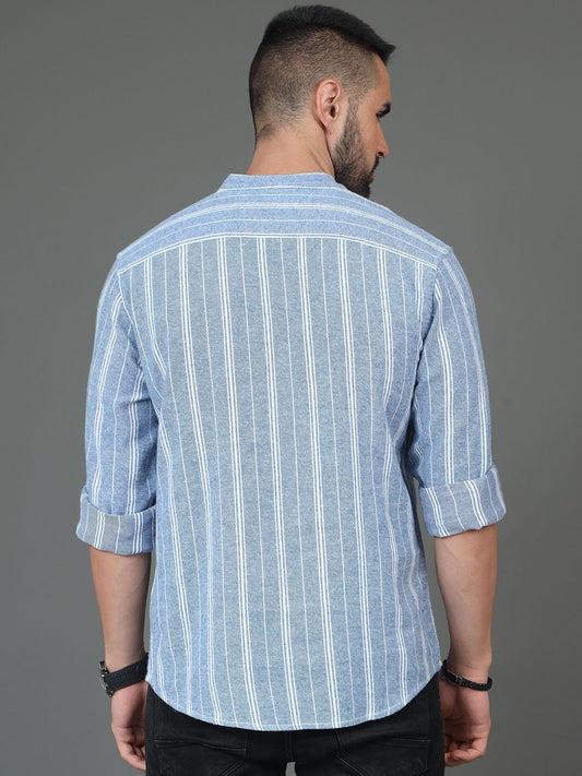 Blue & White Striped Printed Mandarin Collar Cotton Straight Short Kurta