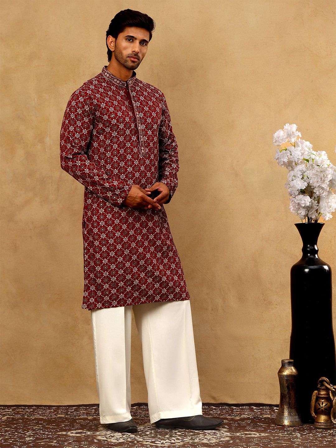 Embroidered Regular Sequinned Kurta With Korean Pants
