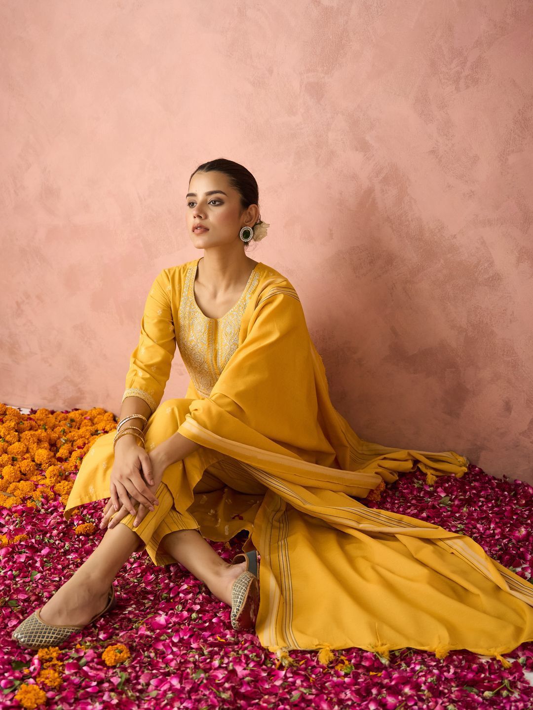 Woven Design Floral Embroidered Straight Kurta With Trouser And Dupatta