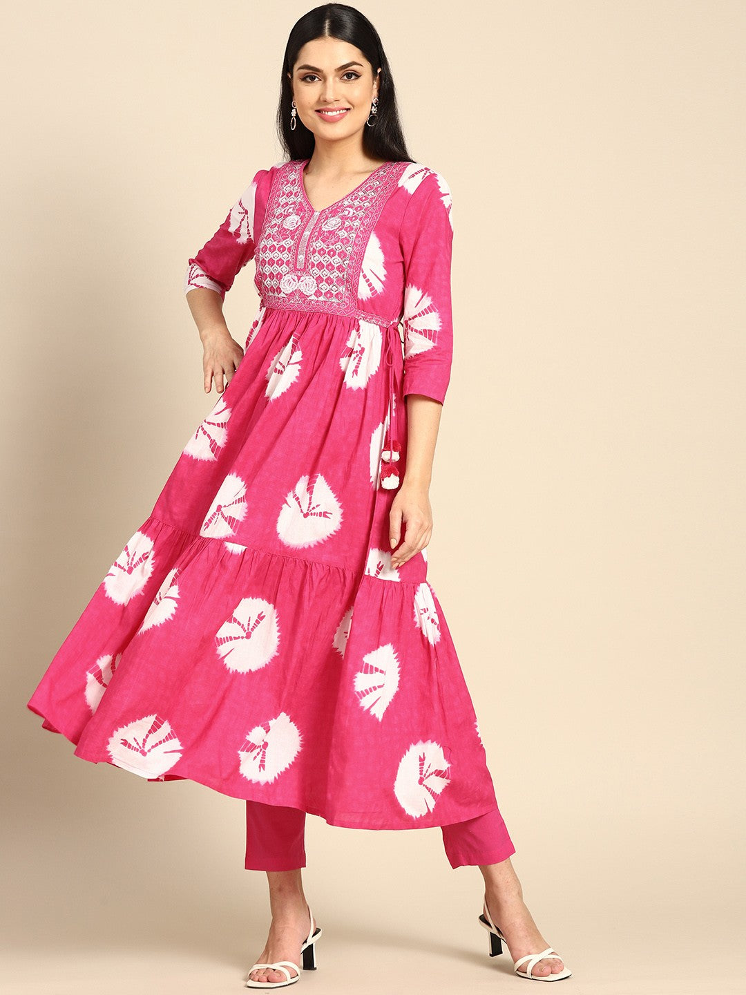 Women Magenta Floral Embroidered Tiered Sequinned Pure Cotton Kurta with Trousers