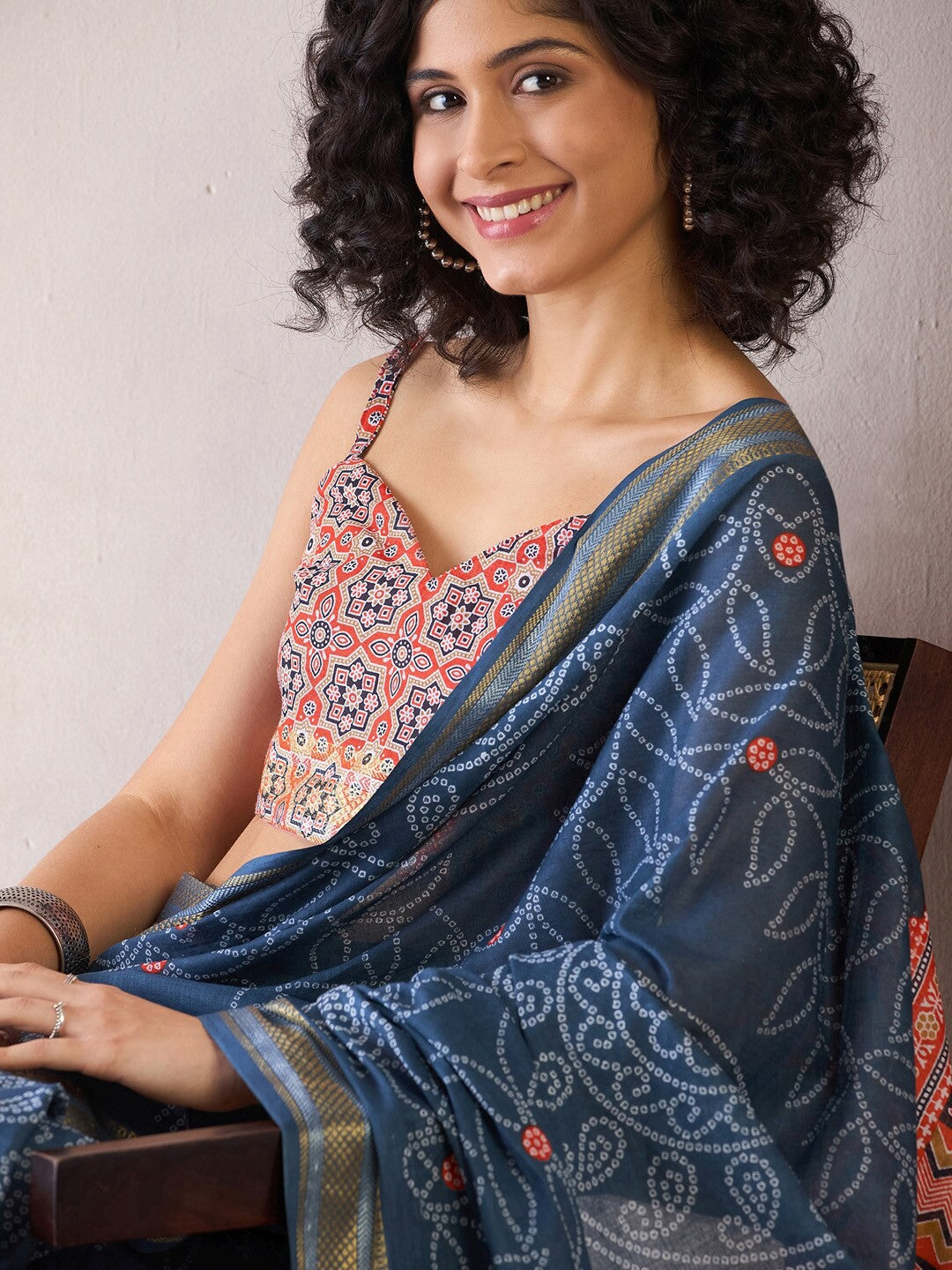 Bandhani Zari Poly Cotton Ready to Wear Bagru Sarees