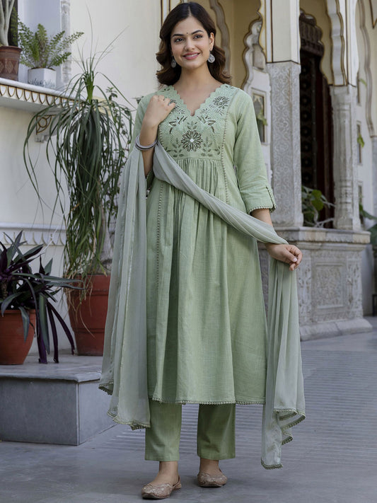 Floral Yoke Design V-Neck Empire Aari Work Pure Cotton Kurta with Pyjamas & Dupatta