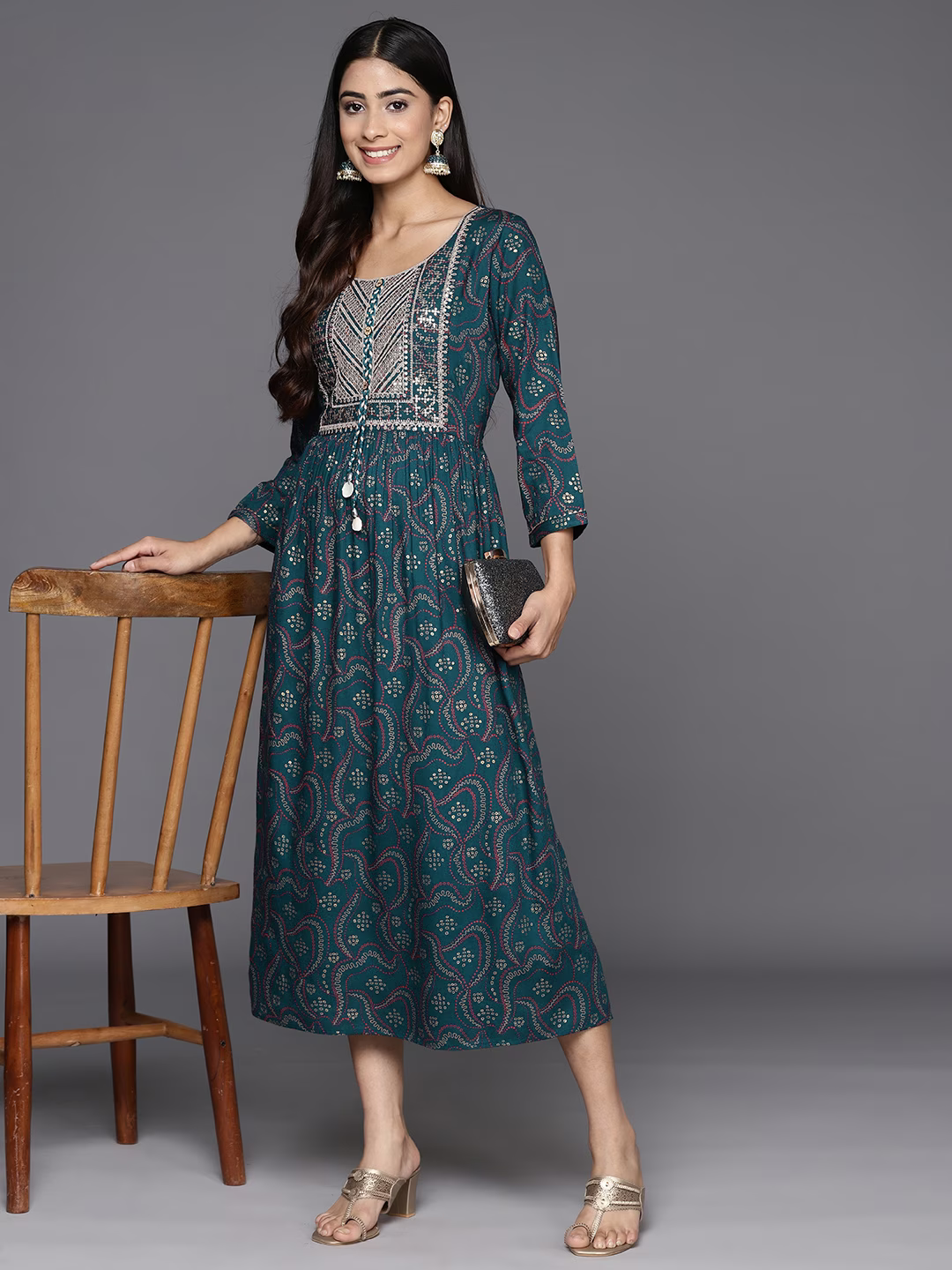 Ethnic Motifs Embellished Fit & Flare Midi Ethnic Dress