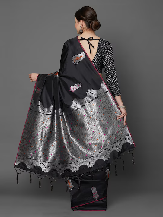 Black Silk Blend Printed Kanjeevaram Saree