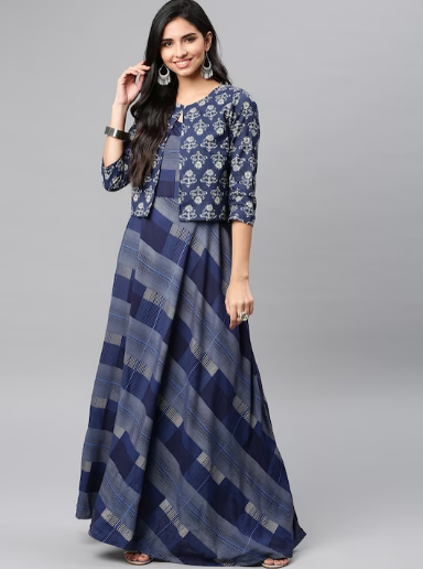 Navy Blue Checked Maxi Dress with Shrug