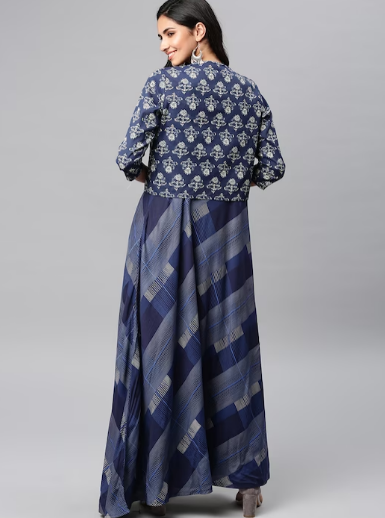 Navy Blue Checked Maxi Dress with Shrug