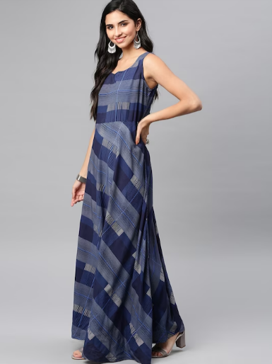 Navy Blue Checked Maxi Dress with Shrug