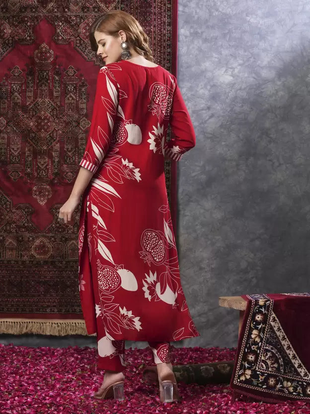 Floral Red Printed Straight Kurta With Palazzos