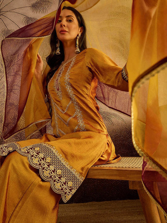 Embroidered Zari Sequence Thread Work Straight Kurta With Palazzos & Dupatta