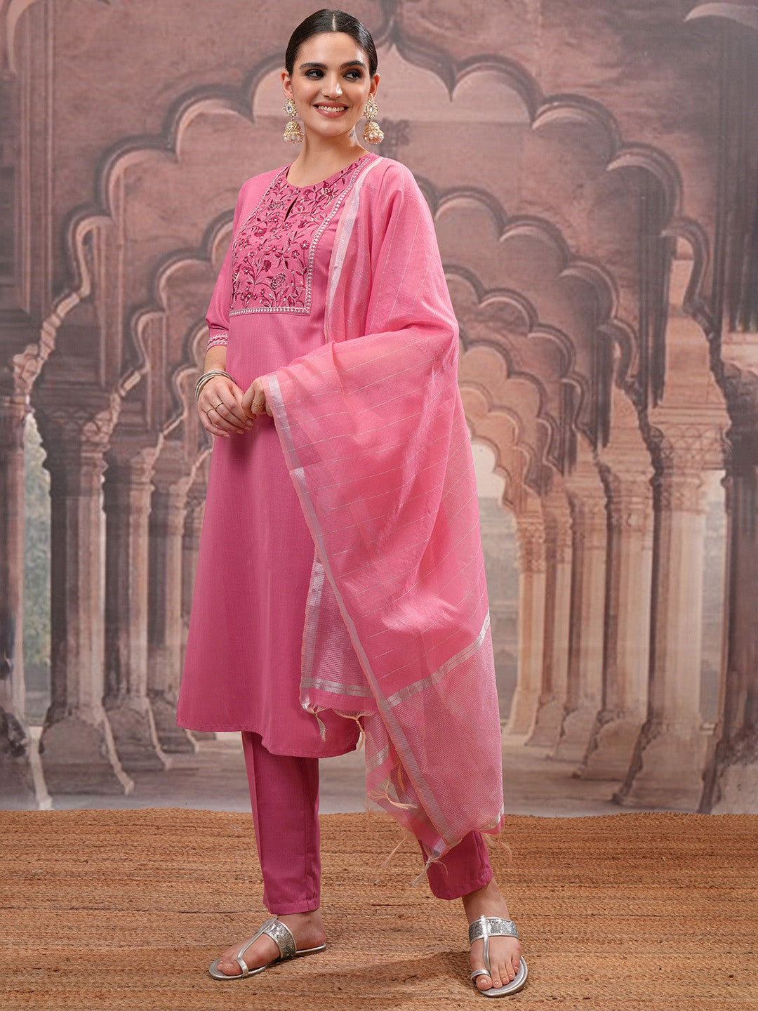 Rose Embroidered Straight Kurta with Trouser & Dupatta