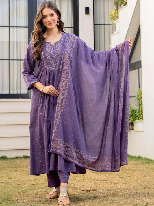 Women Embroidered Regular Pure Cotton Kurta with Trousers & With Dupatta