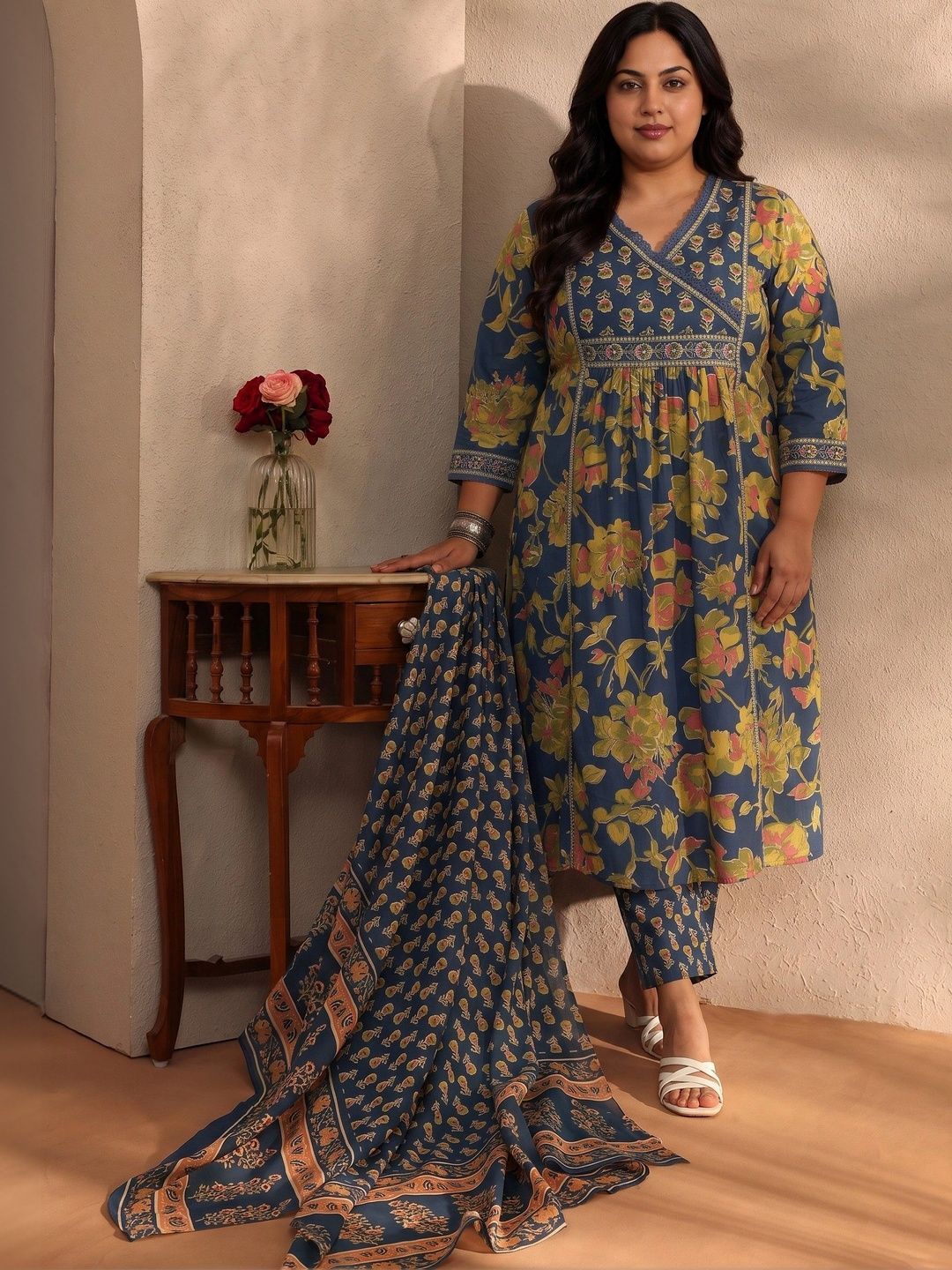 Women Floral Printed Angrakha Kurta with Trousers & With Dupatta